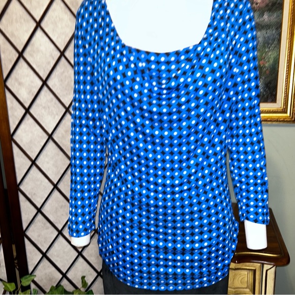Michael Kors Blue Black White Circle Diamond Draped Neck Shirt Blouse New NWOT - Picture 3 of 10